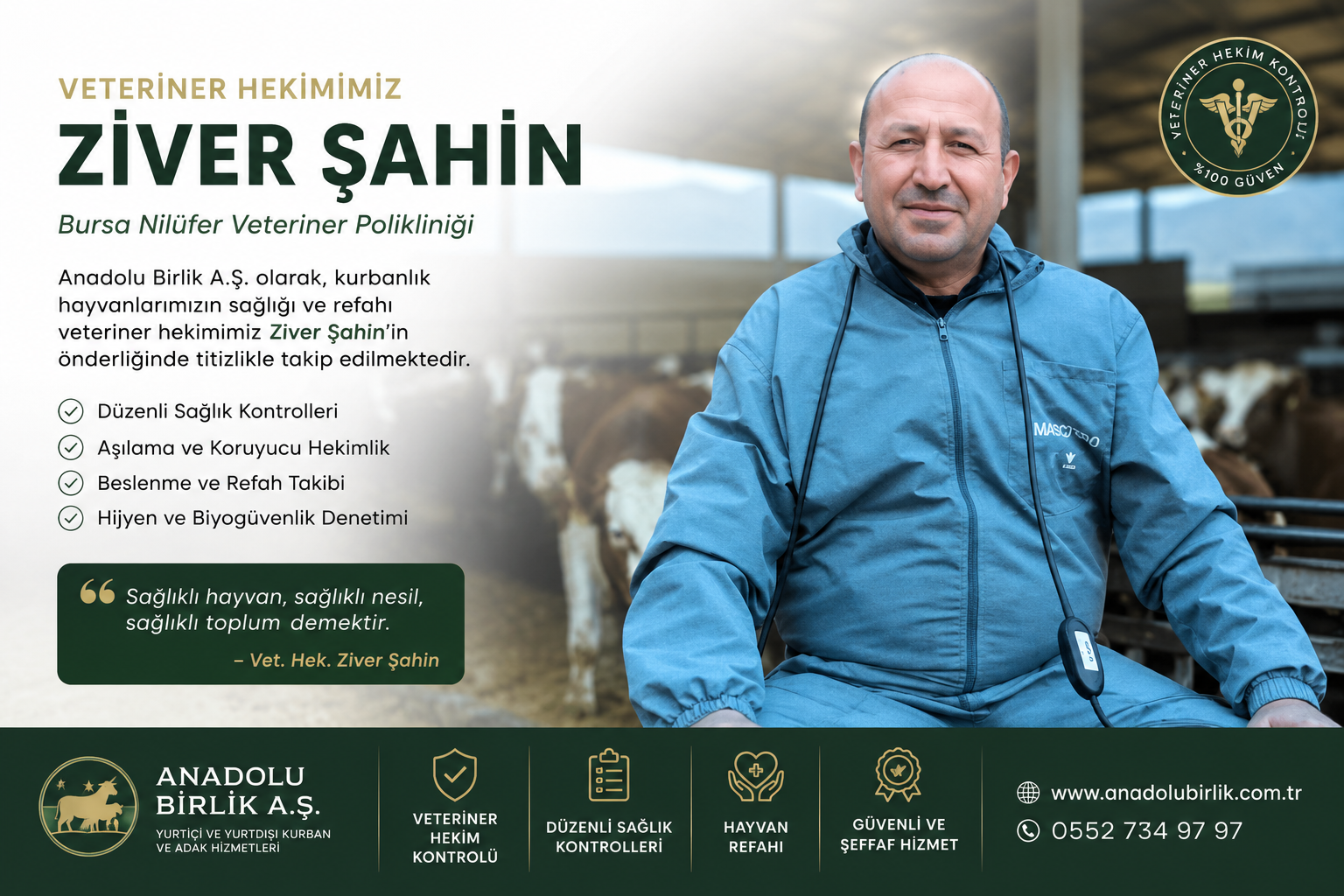 Veteriner Hekimimiz  Vet. Hek. Ziver Şahin  Hayvan sağlığı, hayvan refahı ve güvenilir kurban organizasyonunun temel taşıdır. Anadolu Birlik A.Ş. bünyesinde görev yapan Veteriner Hekim Ziver Şahin, uzun yıllara dayanan saha tecrübesi ile kurbanlık hayvanların seçiminden kesim öncesi son sağlık kontrolüne kadar tüm süreçleri titizlikle yönetmektedir.  Uludağ Üniversitesi Veteriner Fakültesi mezunu olan Ziver Şahin, akademik altyapısını yıllar boyunca Bursa ve çevresinde yürüttüğü yoğun saha çalışmalarıyla pekiştirmiştir. Özellikle büyükbaş ve küçükbaş hayvan sağlığı, koruyucu hekimlik, sürü yönetimi, beslenme programları ve hayvan refahı konularında önemli bir deneyime sahiptir.  Bursa Nilüfer’de aktif olarak veteriner hekimlik mesleğini sürdüren Şahin, teorik bilgisini uygulamadaki deneyimiyle birleştiren, üreticiler tarafından güven duyulan isimlerden biridir. Hayvanların yalnızca tedavisiyle değil, hastalıkların önlenmesi, biyogüvenlik uygulamaları ve sağlıklı yetiştiricilik süreçleriyle de yakından ilgilenmektedir.  Anadolu Birlik A.Ş.’de görev aldığı süreçte tüm kurbanlık hayvanlar; sağlık kontrolleri, kimlik doğrulamaları, aşı kayıtları, genel kondisyon değerlendirmeleri ve refah kriterleri açısından düzenli olarak denetlenmektedir. Böylece müşterilerimize hem İslami usullere uygun hem de veteriner hekim kontrolünden geçmiş sağlıklı kurbanlıklar sunulmaktadır.  Veteriner Hekim Ziver Şahin’in temel yaklaşımı, “Sağlıklı hayvan, güvenilir hizmet ve vicdanlı üretim.” anlayışıdır. Bu doğrultuda Anadolu Birlik A.Ş.’nin kalite, hijyen ve şeffaflık politikalarının uygulanmasında aktif rol üstlenmektedir.  ⸻  Uzmanlık Alanları  * Büyükbaş ve küçükbaş hayvan sağlığı * Koruyucu veteriner hekimlik * Sürü sağlığı yönetimi * Kurbanlık hayvan seçimi ve sağlık değerlendirmesi * Hayvan refahı uygulamaları * Biyogüvenlik ve hijyen denetimleri * Aşılama ve koruyucu sağlık programları * Beslenme ve kondisyon takibi * Kesim öncesi veteriner sağlık kontrolleri * Yetiştirici danışmanlığı  “Hayvan sağlığına gösterilen özen, insanlara duyulan saygının en önemli göstergelerinden biridir.” — Vet. Hek. Ziver Şahin  Küçük bir düzeltme önerisi  Metninizde “işinde alaylıdır” ifadesini kullanmışsınız. Türkçede alaylı, eğitimi okuldan değil usta-çırak ilişkisiyle edinmiş kişiler için kullanılır. Uludağ Üniversitesi Veteriner Fakültesi mezunu bir hekim için bu ifade doğru olmaz. Bunun yerine:  * “Sahada yetişmiş, güçlü saha tecrübesine sahip bir veteriner hekimdir.” * “Akademik bilgisini yılların saha deneyimiyle birleştirmiştir.” * “Teorik bilgisini uygulamadaki tecrübesiyle pekiştirmiştir.”
